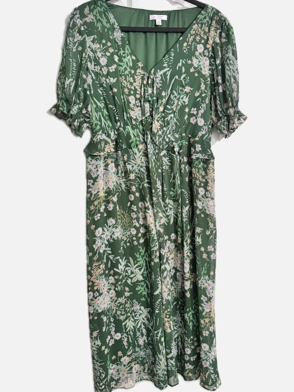 LC Lauren Conrad Green Floral Midi Dress with Puff Sleeves